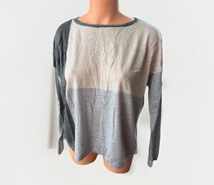 Eileen Fisher Colorblock Pullover Sweater Gray Beige Merino Wool Size S Boxy